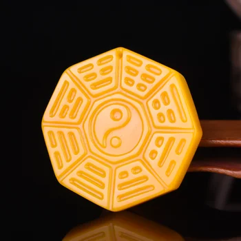 

Yellow Jade Eight Diagrams Pendant Necklace Jewellery Chinese Hand-Carved Relax Healing Women Man Luck Gift Free Rope P05