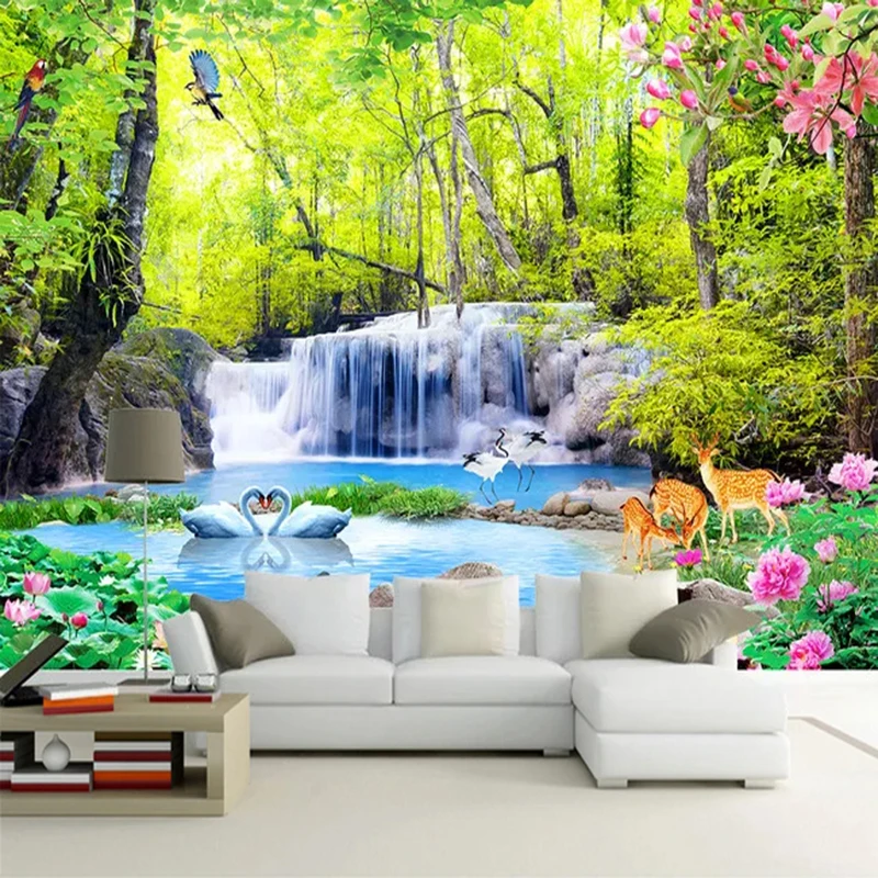 Papel de Parede Personalizado 3d Floresta Cascata Natureza Paisagem Foto Pintura de Parede Sala de Estar Decoração Fundo Mural de Parede