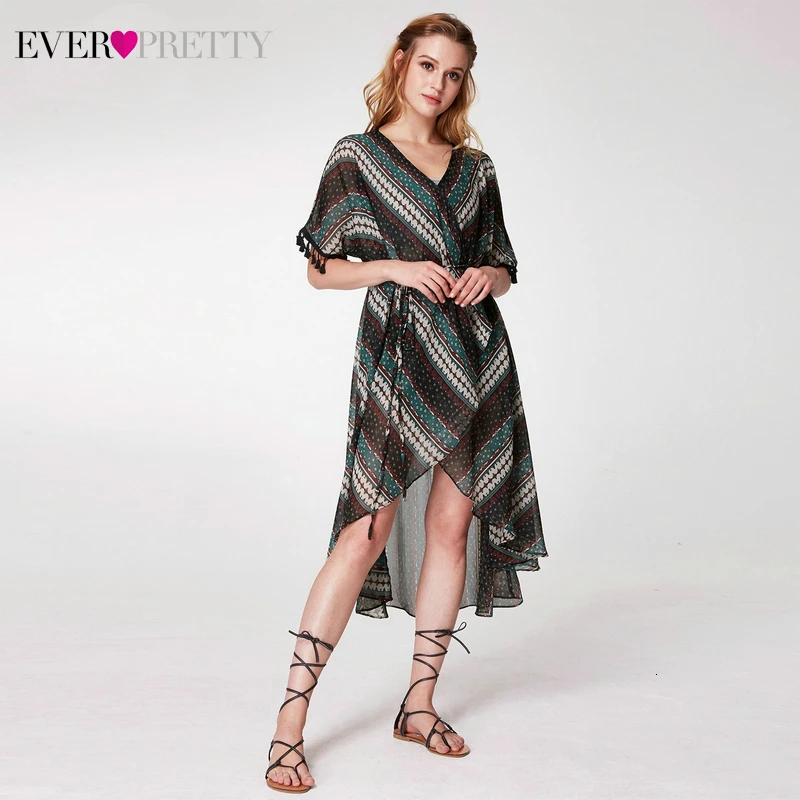 

Simple Printed Prom Dresses Ever Pretty V-Neck Short Sleeve Knee-Length Asymmrtrical Casual Beach Party Dresses Vestidos De Gala