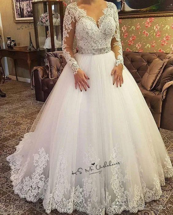 Vestido de Noiva Новое кружевное свадебное платье пояс с кристаллами свадебное платье с длинным рукавом v-образный вырез принцесса свадебные платья для женщин Mariage