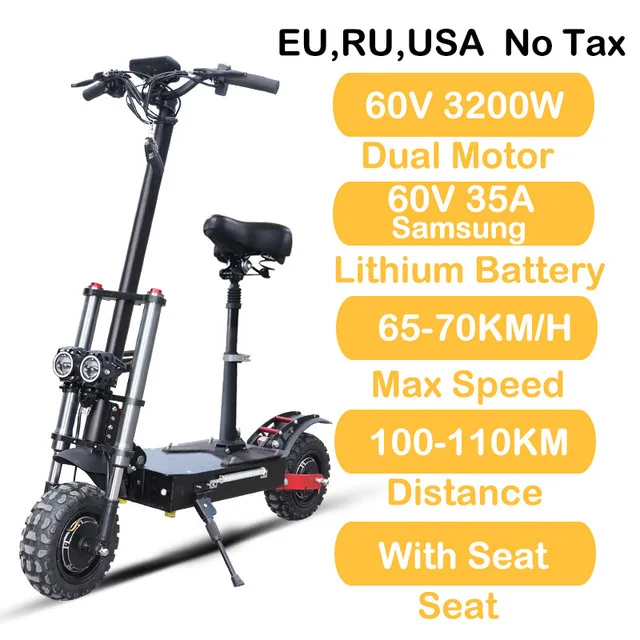 Electric Scooter 11inch 60V 3200W Off Road E scooter Trotinette Electrique Adulte Scooter Eléctrico Ebikes Patinete Eléctrico - Цвет: 3200w60v35awithseat