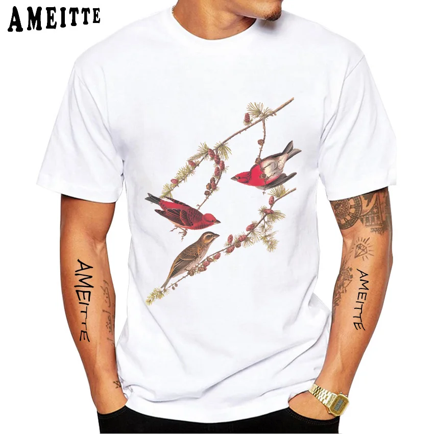 New Summer Men Short Sleeve Purple Finch Red Birds on Black Larch T-Shirt Funny Hip Hop Boy Casual Tops Vintage Man White Tees | Мужская