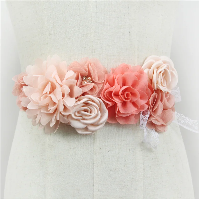 Hochwertiger rosa Chiffon-Blumenbund, handgefertigt, Perlen, Blumenmuster, Umstandsgürtel, Hochzeitskleid, Schärpe, niedliche Accessoires für Frauen – Detail 5