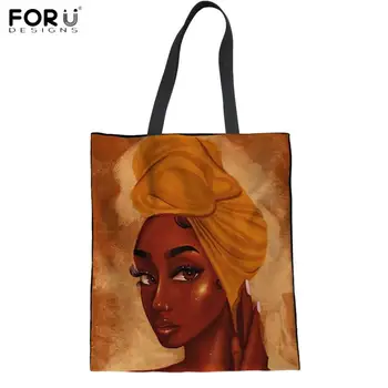 

Ladies Hand Bags Shopping Bag For Women Black Art Afro Lady Girls 3D Printing Reusable Shoulder Bags Casual Large Linen Tote