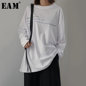 

[EAM] Women Letter Printed Temperament T-shirt New Round Neck Long Sleeve Fashion Tide All-match Spring Autumn 2020 1D868