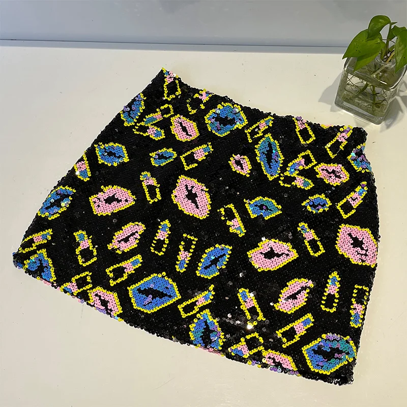 H80&S90 New Women Amazing Sexy And Club Sequin Beading Classic Lips Skirt Slim Mini Skirt Vintage Female Geometric A-Line Skirts
