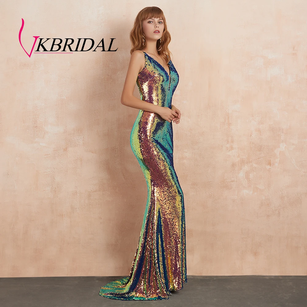 same as picture VKBRIDAL переливающееся вечернее платье с блестками, длинное сексуальное платье с открытой спиной и глубоким v-образным вырезом, вечерние платья, Vestidos de Festa Longo - Цвет: same as picture