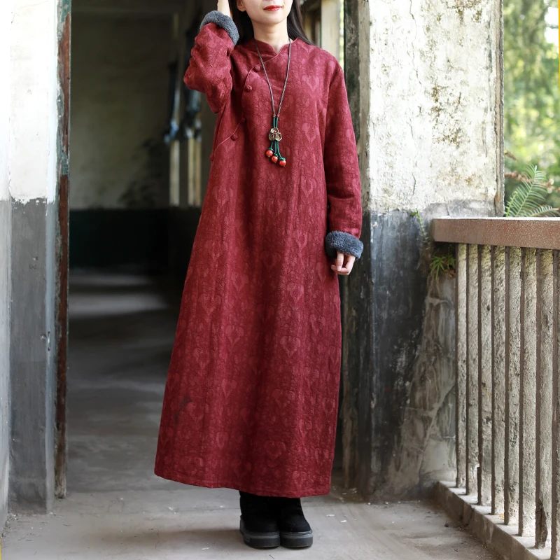 LZJN китайское платье Для женщин осень-зима платье Чонсам с длинным рукавом Qipao из жаккардовой ткани с флисовой подкладкой теплое толстое платье vestidos