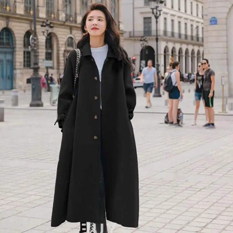 Женское шерстяное пальто больших размеров, однобортное пальто с карманами и отложным воротником, верхняя одежда на пуговицах с длинным рукавом, Свободное длинное пальто с бантом