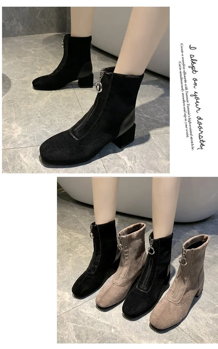 Женские ботинки средней высоты на квадратном каблуке; Zapatos de mujer; модные однотонные Ботинки martin из флока; повседневные женские ботинки «Челси»; короткие плюшевые ботинки