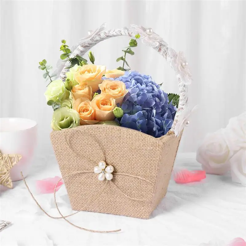 Винтажная Свадебная корзина DIY свадебная корзина из мешковины в рустикальном стиле кружевная Цветочная корзина с бантом для девочек для свадебной вечеринки