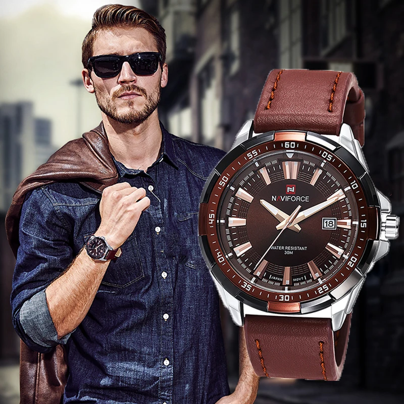 

Men's Watches NAVIFORCE Fashion Vintage Casual Leather Wristwatch for Man Waterproof Quartz Date Display Male Clock Reloj Hombre