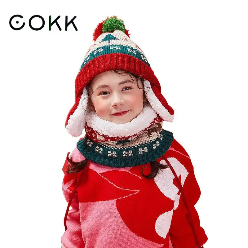 COKK/детская шапка и шарф, бархатный утепленный комплект для детей, зимняя вязаная шапка с помпоном и шарфом, комплект из двух предметов, рождественский подарок, Корея