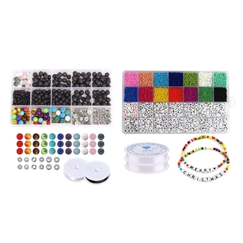 

500 Pcs 4-8mm Black Natural Lava Stone 7 Colors & 5000Pcs Beads Kit, Alphabet Letter Beads and Heart Shape Beads