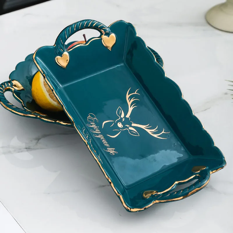 JINSERTA Ceramic Serving Tray Dessert Fruit Snack Nuts Plate Luxury Gold Inlay Salad Sushi Plate with Handle Home Decor Tray