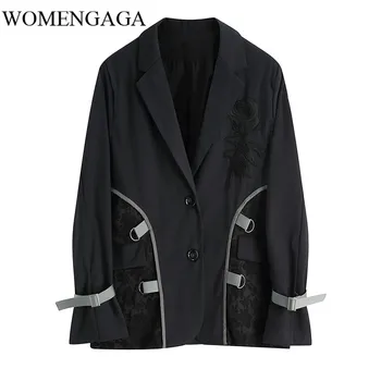 

Loose Women Gray Embroidery Flower Buckle Blazer Lapel Long Sleeve Loose Fit Jacket Fashion Tide Spring Autumn 2020 UONI