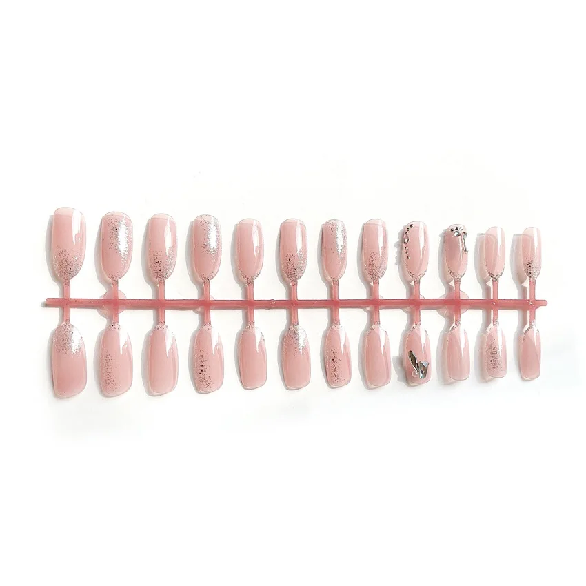 Pink Nude Silver French Round Presson False Nails Oval Glossy Full Cover Nail Long Glitter Fake Nails Acrylic for Wedding Party