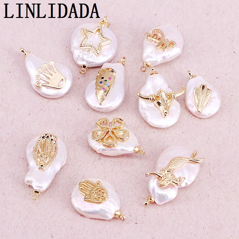 8Pcs,Mix Random, Natural Irregular freshwater pearl with copper charm gold pendant,handmade diy earring/necklace/bracelet