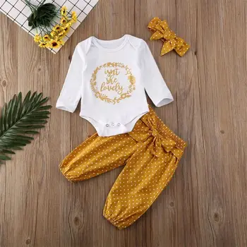 

0-18 Months Baby Girls Clothes 2020 New Infant Baby Girls Outfits White Romper Tops Yellow Polka Dot Pants Girls Clothing Set