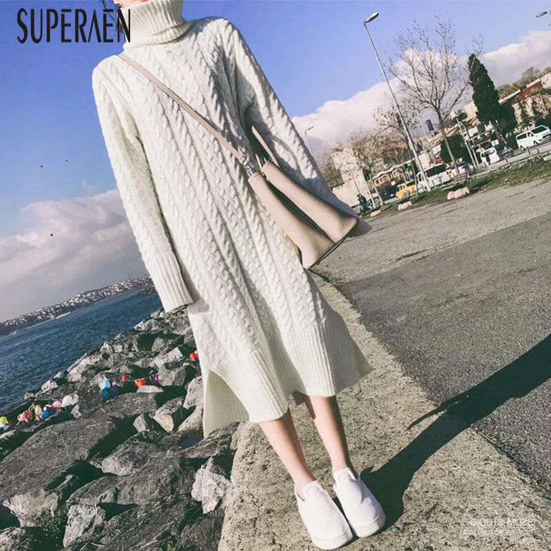 SuperAen новое осеннее и зимнее вязаное платье в Корейском стиле модное повседневное женское платье с высоким воротом