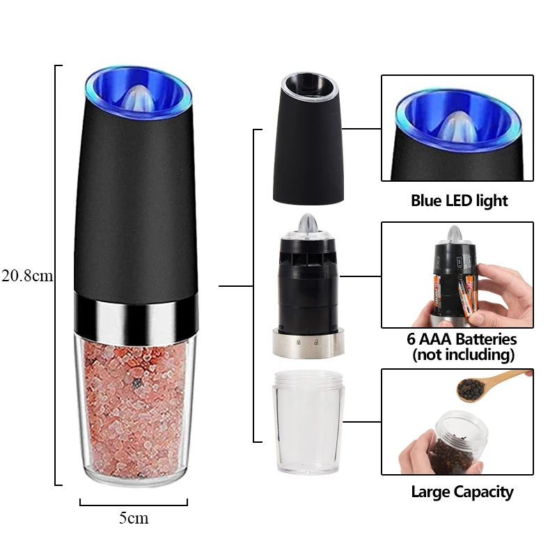 Electric Salt and Pepper Grinders Stainless Steel Automatic Gravity Herb Spice Mill Adjustable Coarseness Kitchen Gadget Sets 6