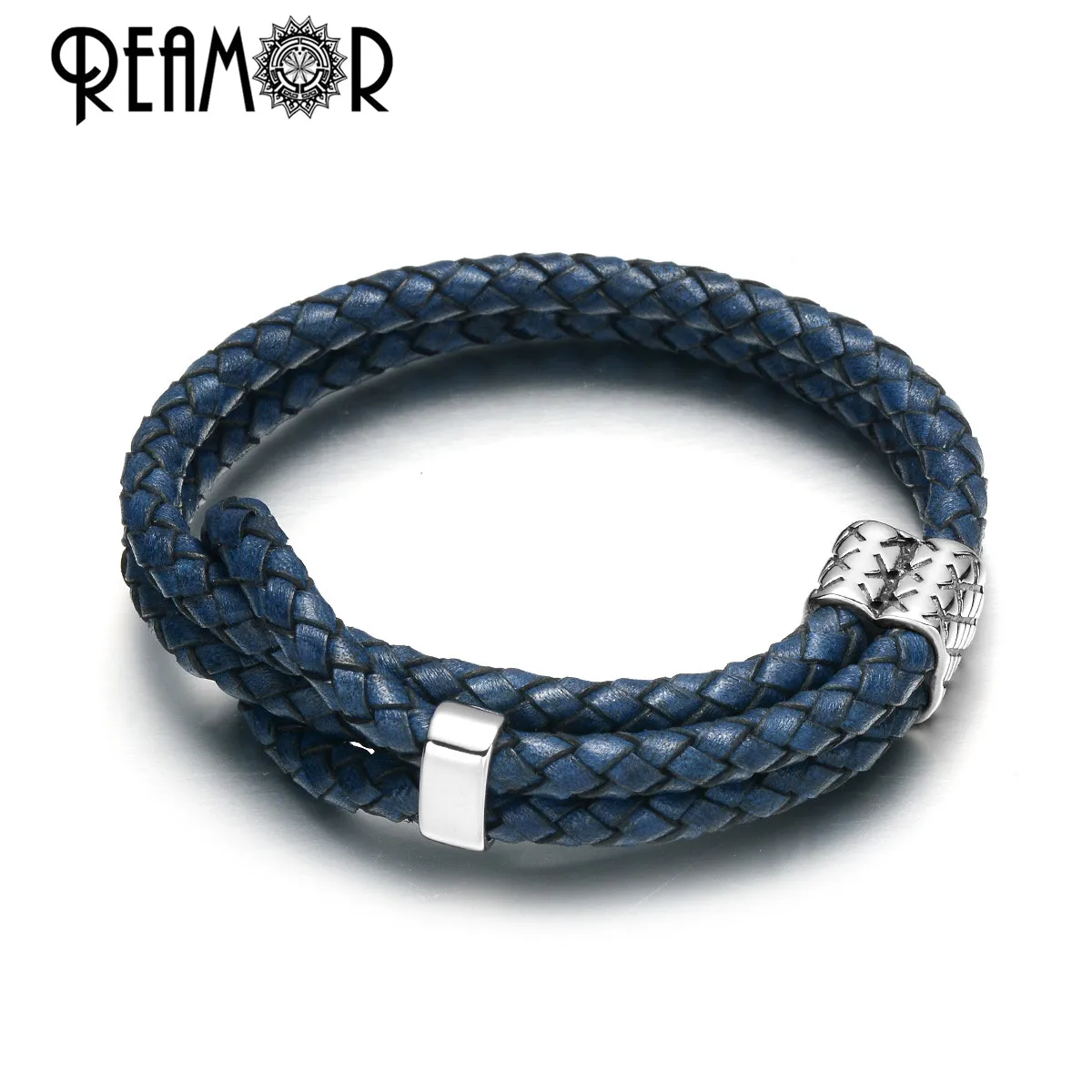 REAMOR Retro Green Blue Cowhide Genuine Leather Adjustable Bracelet Men Stainless steel Beads Handmade Braided Bracelets Bangles