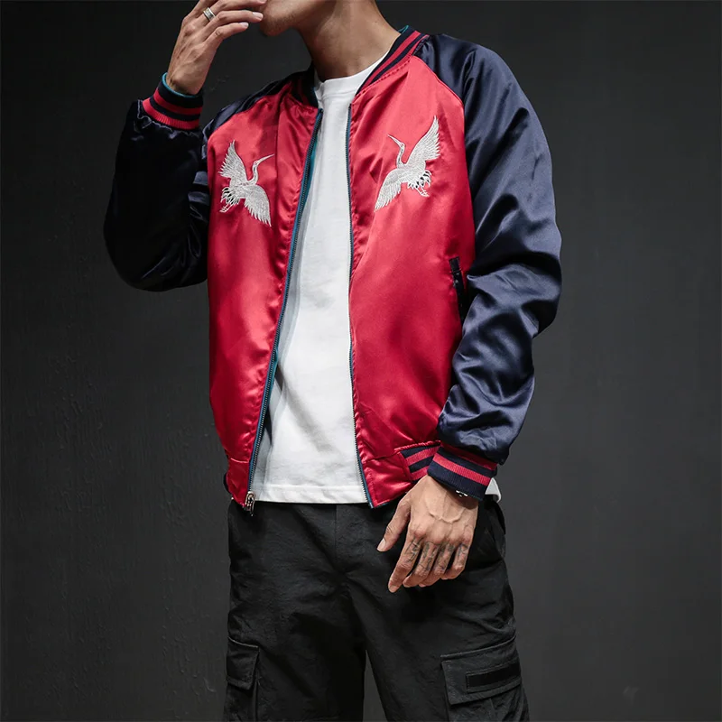 90% OFF Two Sides Luxury Embroidery Bomber Jacket Smooth Men Sukajan Yokosuka Souvenir Jacket Streetwear Hip Hop Baseball Jacket BY270