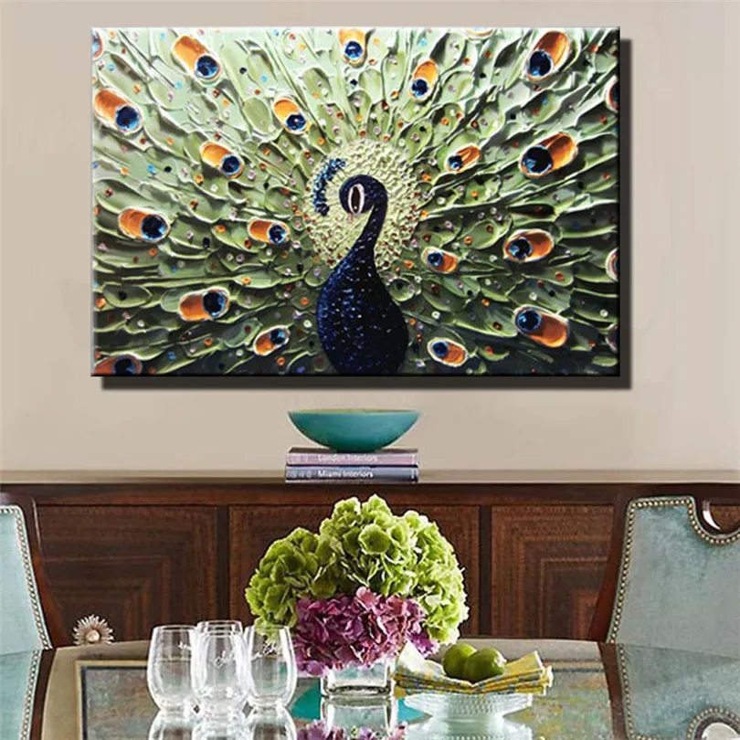 

Large Handmade Abstract Canvas Wall Art Modern Oil Painting on Cnavas Blue peacock picture Decor Artwork Home Hotel Office Decor