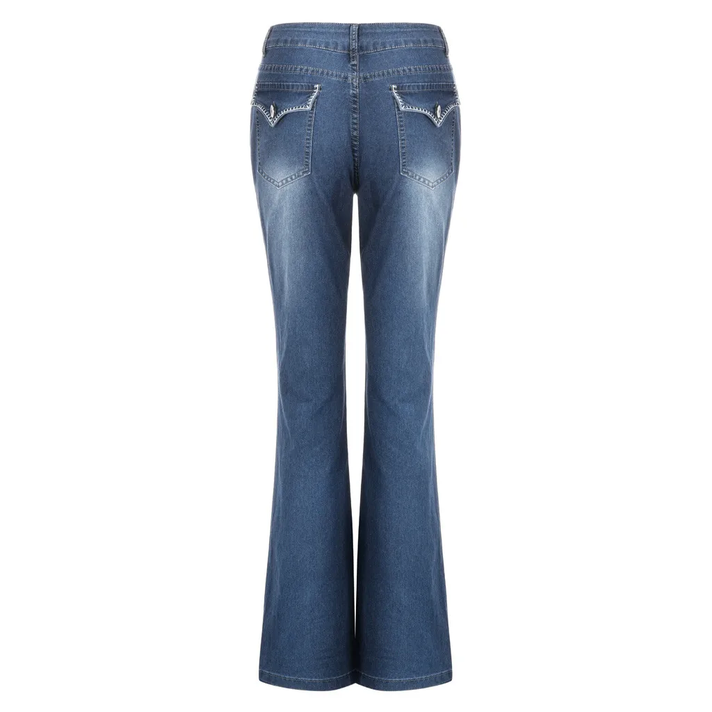 New Ladies Casual Straight Jeans Women Mid Waisted Denim Jeans Embroidery Stretch Button Straight Pants Jeans#G30