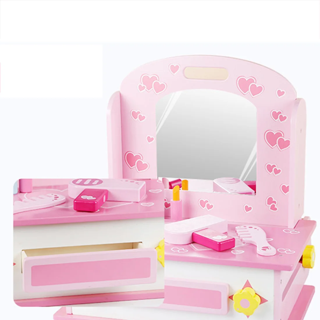  14Pcs 2-in-1 Children Pretend Play Wooden Dressing Table Kitchen Counter Playset Educational Make U - 4000277416733
