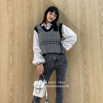 

ELFSACK Black Jacquard Knitted Pullover Women Casual Sweater Vest ,2020 Autumn ELF V Neck Sleeveless Korean Ladies Daily Top