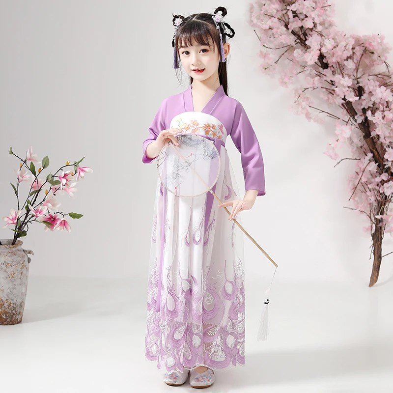 Chinese Style Embroidery Han Fu Princess Birthday Party Dance Perform Dress Traditional Wedding Evening Dress for Girls