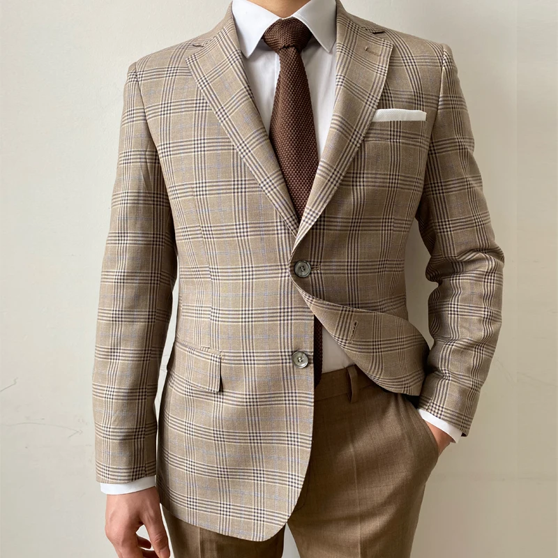 

KIESSU men's fashion slim fit causal check khaki suit jacket business formal suit two buttons handmade customed tailored