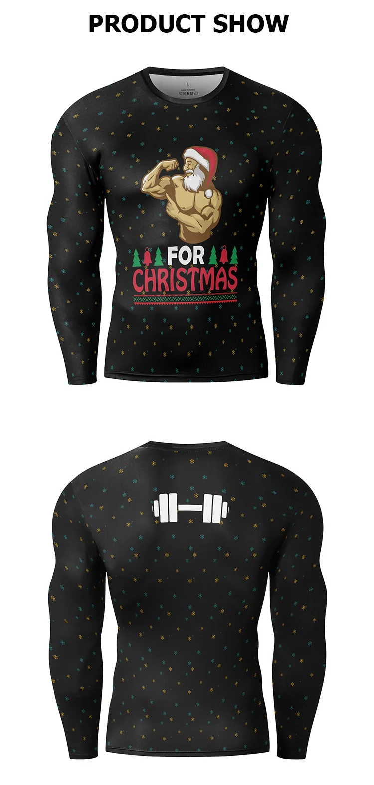 Herren Kompressions-T-Shirt, Weihnachtsthema, langärmeliges Hemd, Urlaubskleidung, Kleidung, lässig, für Fitnessstudio, Fitness, Laufen, Training – Detail 3
