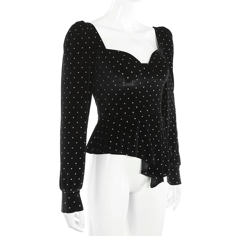 Rapwriter Elegant Square Collar Long Sleeve Faux Diamond Velvet T-shirt Women Harajuku Irregular length Hem Black Shirt Top