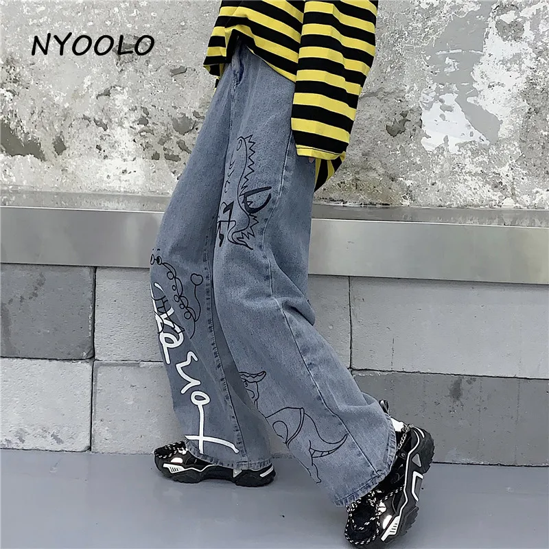 NYOOLO Harajuku стиль мультфильм Динозавр с буквенным принтом вымытые джинсы осень уличная полная длина прямые женские джинсовые брюки для мужчин