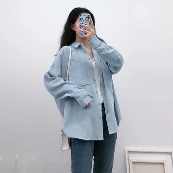 

Women Korean Button Pocket Solid Shirt Female Turn-down Collar Casual Style BF Shirts 2020 Ladies Corduroy Fashion Loose Tops