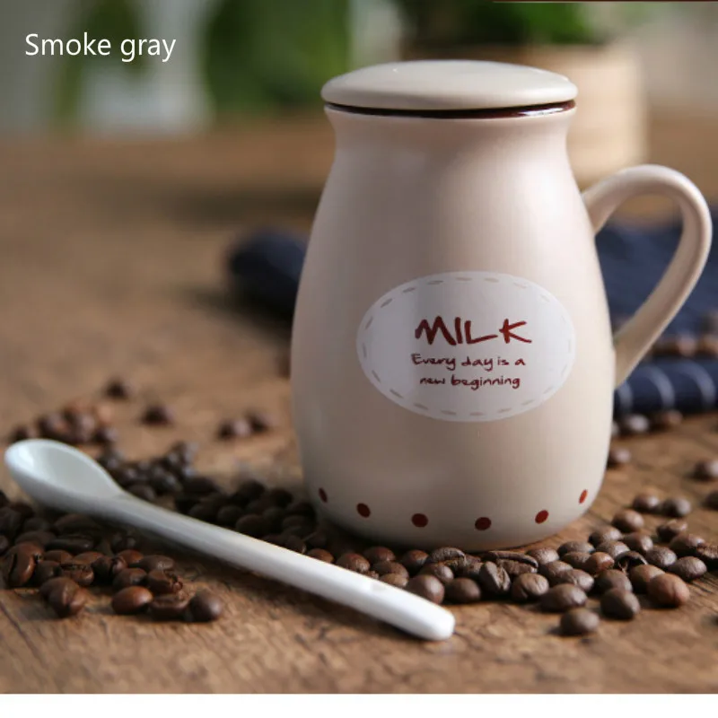 Smoke gray 400 мл Корейская керамическая кружка, чашка для кофейного напитка с крышкой, ложка, чашка для молока, 8 видов стилей, простые милые кружки, цветные кружки, Кружка для Гипсофилы - Цвет: Smoke gray