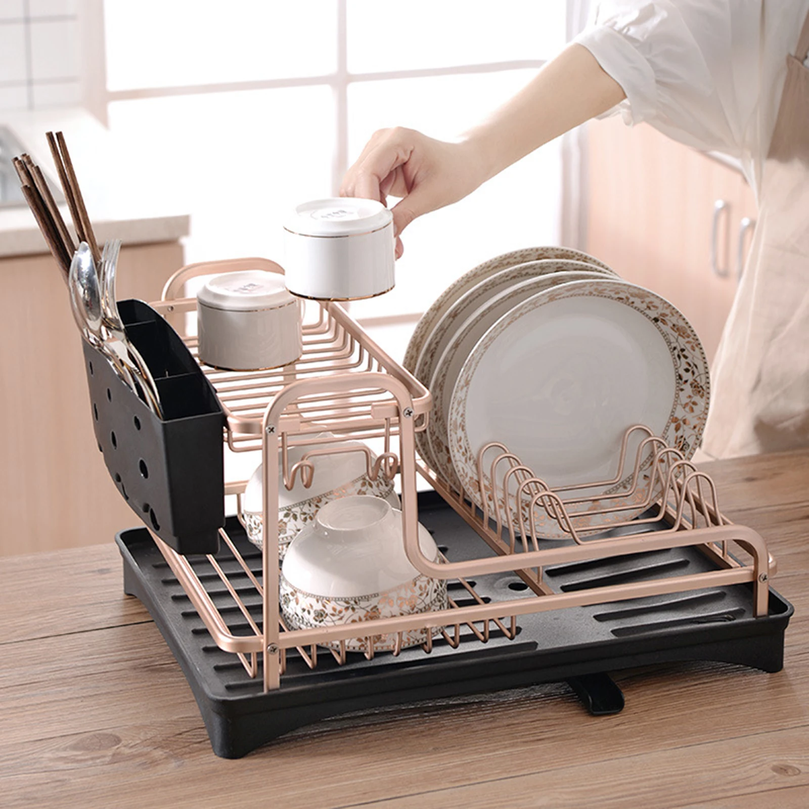 Aluminum Dish Drying Rack with Cutlery Holder, Removable Drainer Tray, Rose  Gold
