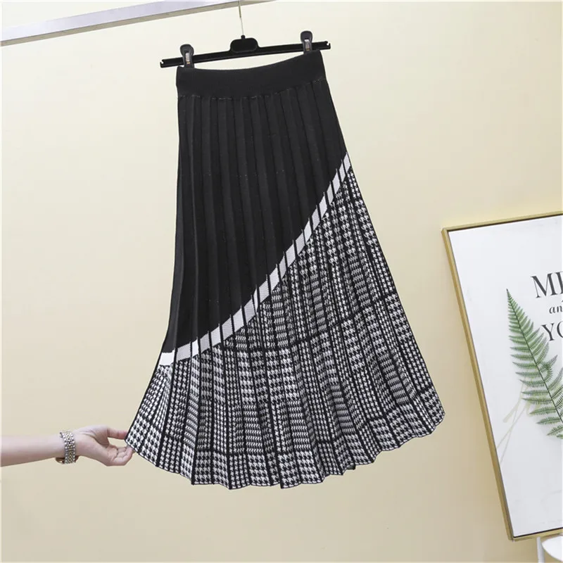 

Real Shot 2020 Autumn Winter Fashion Temperament Retro Casual Plus Size Knitted High Waist A-Line Pleated Skirt