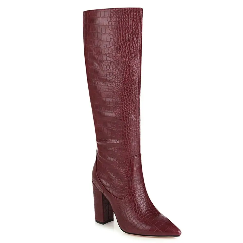 

Snake Pattern Microfiber Pointed Toe Thick-Heeled Knee-Length Boots Yellow Print Stone Pattern Sleeve Boots Super High-Heeled