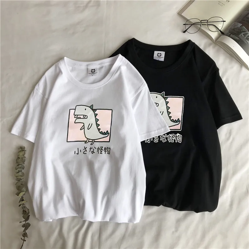 

Funny Cartoon dinosaur Letter Print women t shirt 100% Cotton short sleeve harajuku oversized 2019 new fashion Couple kawaii tee