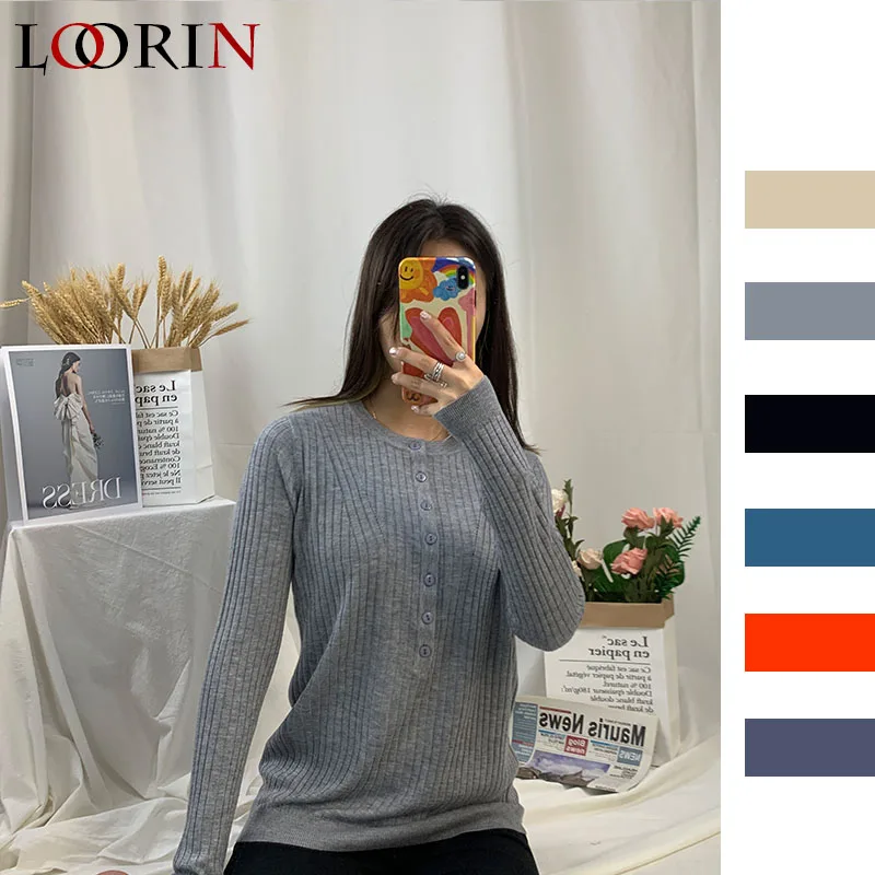LORIN 2020 Women Autumn Knitted Sweater V-NECK Solid Female Cotton Soft Elastic Color Pullovers Button Full Sleeve | Женская одежда