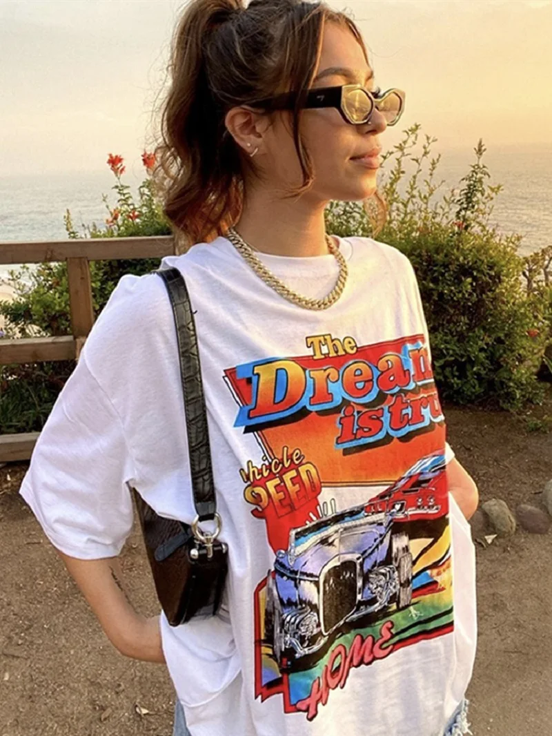 Contrast Color Large Pattern Vintage Clothes T Shirts For Women Oneck