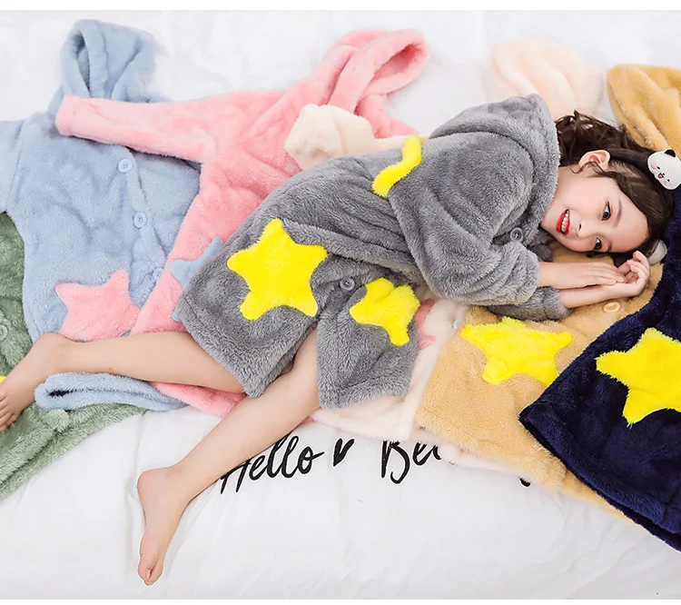 Домашняя одежда для девочек; длинный плюшевый банный халат; милое Ночное платье; бархатная утепленная Пижама с капюшоном и принтом пятиконечной звезды; одежда
