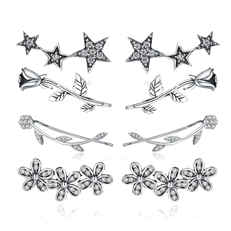 925 пробы серебряные ослепительные серьги-гвоздики в виде маргаритки с перьями и звездами, Женские Ювелирные изделия из стерлингового серебра