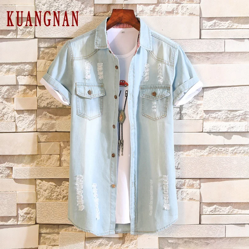 KUANGNAN Harajuku стиль джинсовая рубашка мужская уличный с короткими рукавами рубашка мужская мода XXXL Мужская рубашка осень Новинка