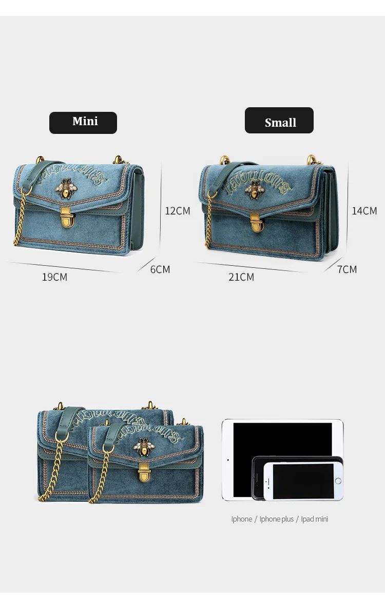 Black Blue Green Luxury Embroidered Velvet Handbag for Women Brand Gold Chain Shoulder Bags Female Small Bee Lock Cross body Bag (10)