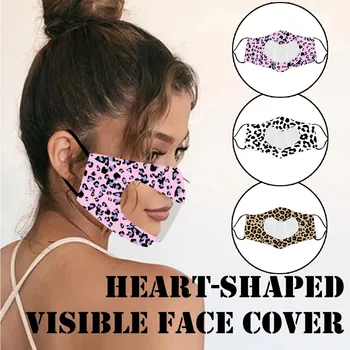 

Women Men Leopard Print Heart-Shaped Face Mask With Clear Window Visible Expression For Deaf Mute Breathable Respirator Masques
