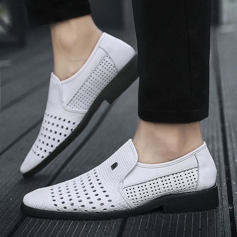 Men's Leather Sandals Genuine Leather Soft Bottom Slip-On Shoes Hole Shoes Middle-Aged Hollow Weave Dad Shoes 47 48